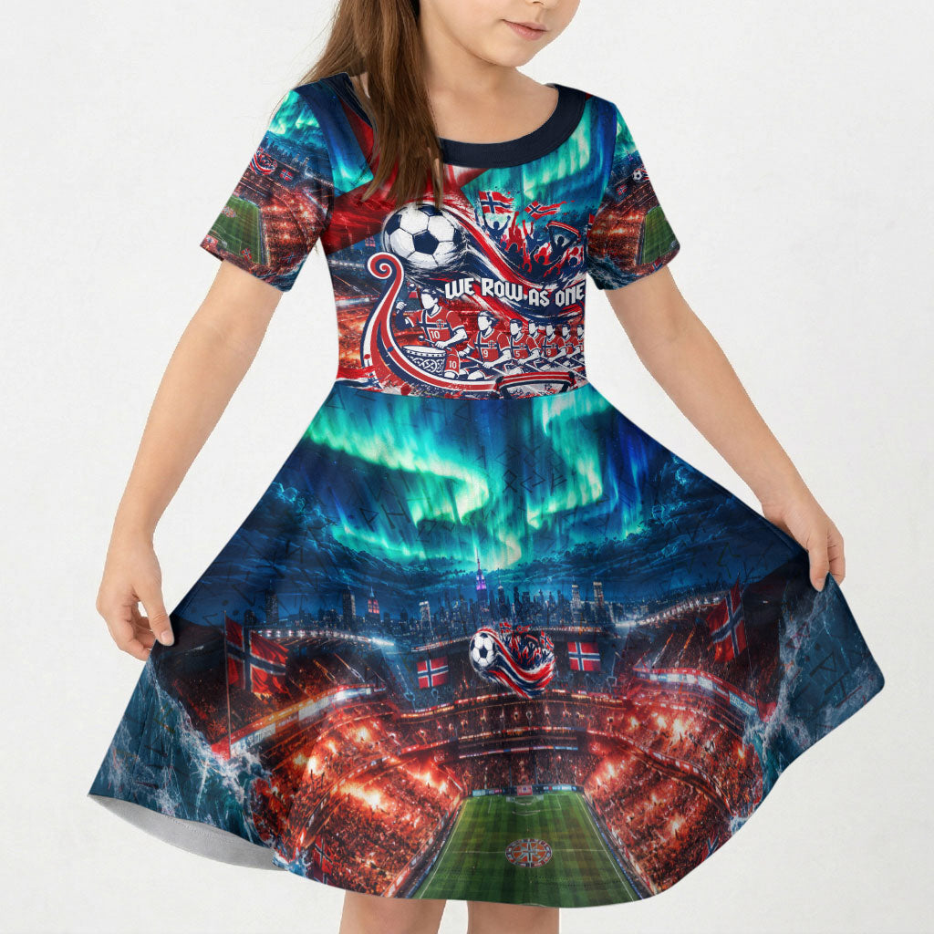Norway Football Viking Row Kid Short Sleeve Dress Viking Shield Aurora Borealis Dynamic Art