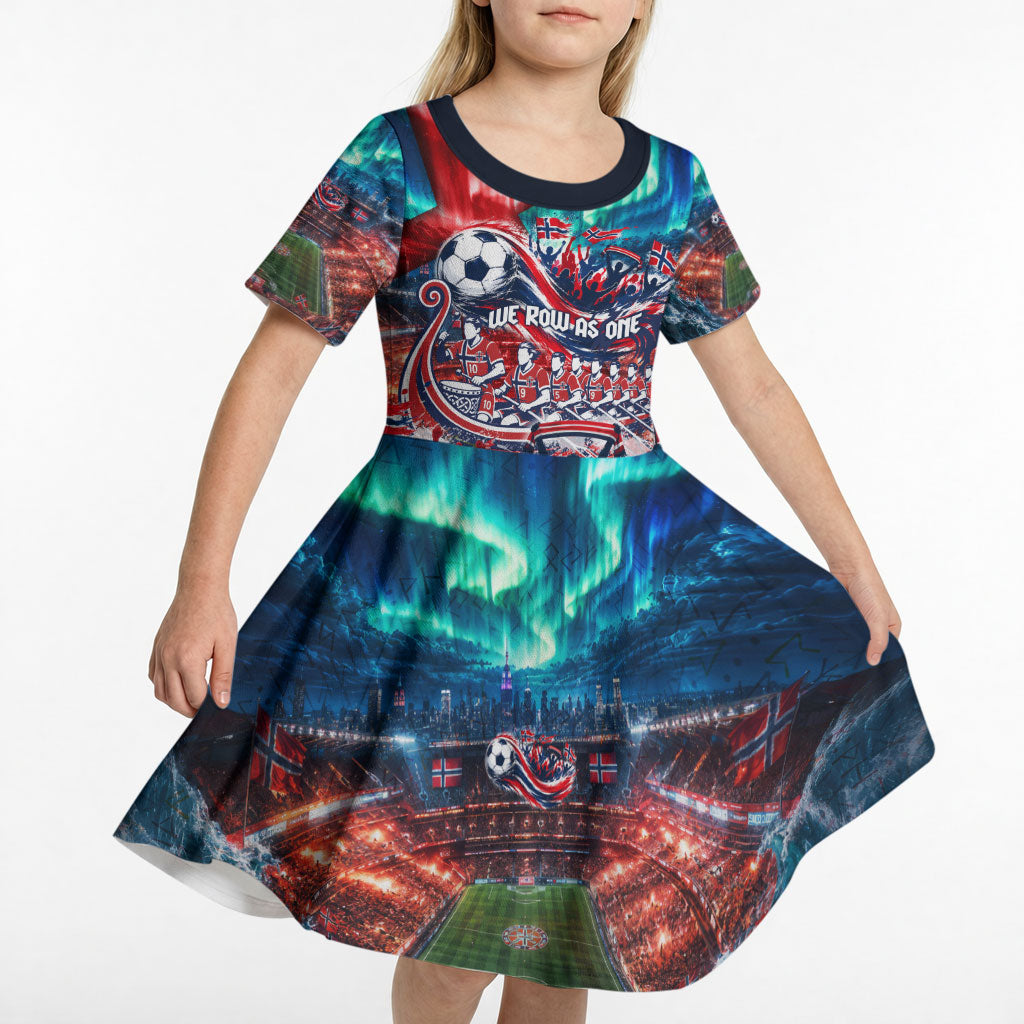 Norway Football Viking Row Kid Short Sleeve Dress Viking Shield Aurora Borealis Dynamic Art