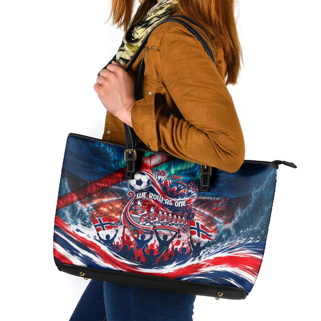 Norway Football Viking Row Leather Tote Bag Viking Shield Aurora Borealis Dynamic Art