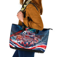 Norway Football Viking Row Leather Tote Bag Viking Shield Aurora Borealis Dynamic Art