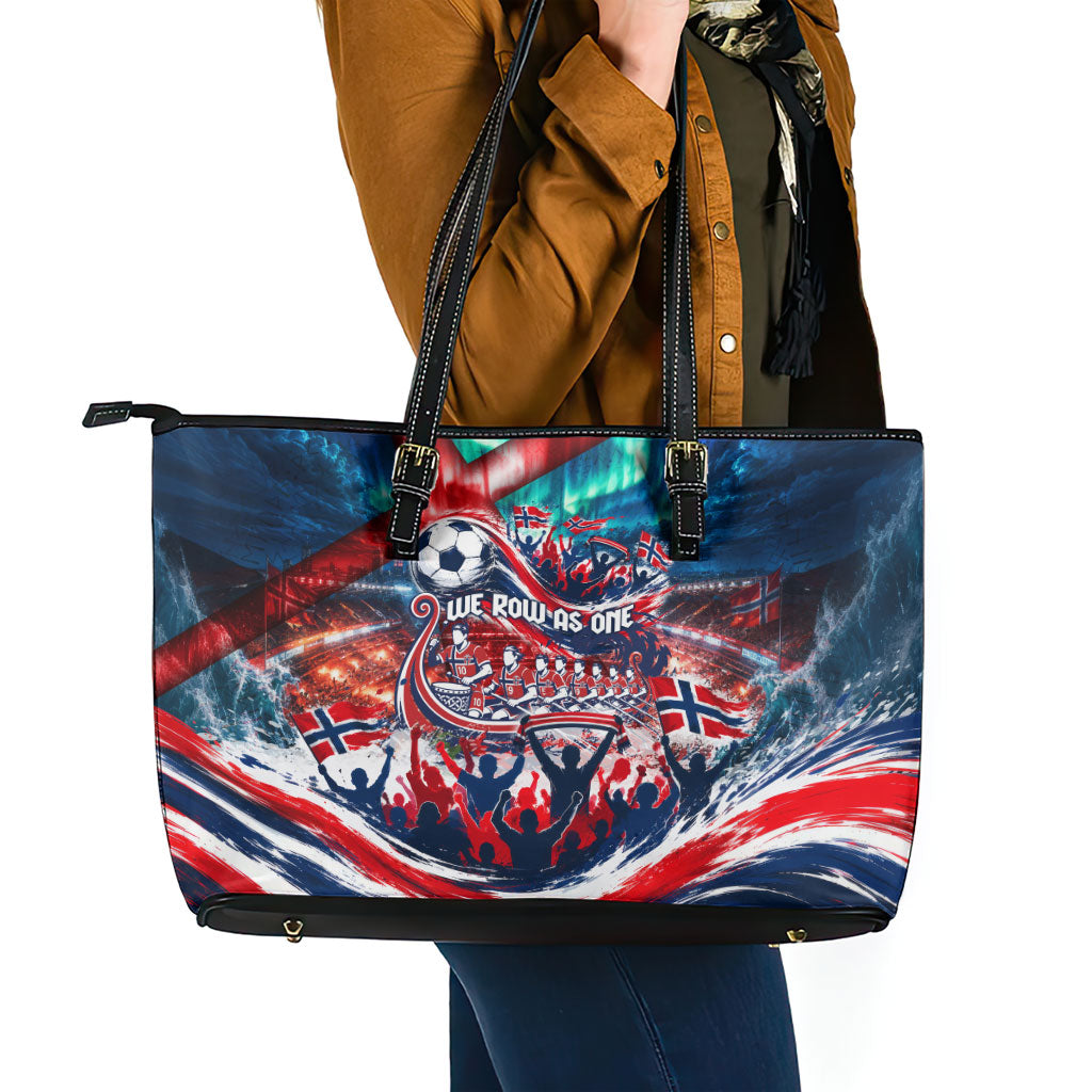 Norway Football Viking Row Leather Tote Bag Viking Shield Aurora Borealis Dynamic Art