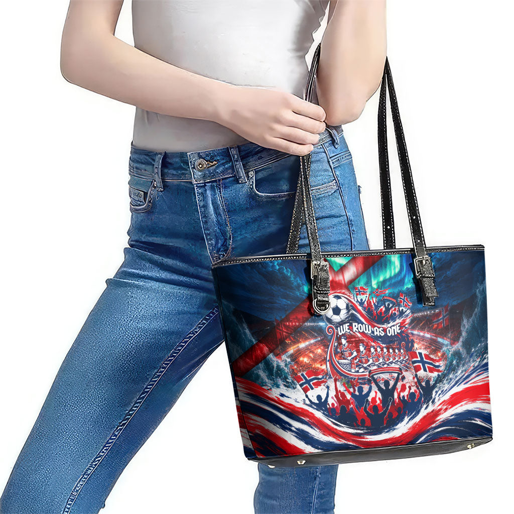 Norway Football Viking Row Leather Tote Bag Viking Shield Aurora Borealis Dynamic Art