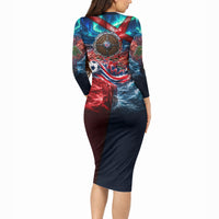 Norway Football Viking Row Long Sleeve Bodycon Dress Viking Shield Aurora Borealis Dynamic Art