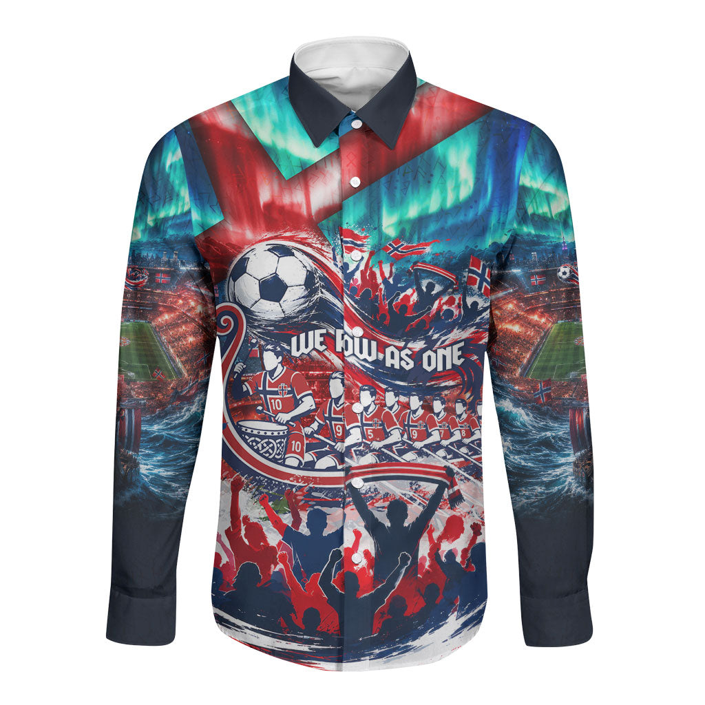 Norway Football Viking Row Long Sleeve Button Shirt Viking Shield Aurora Borealis Dynamic Art