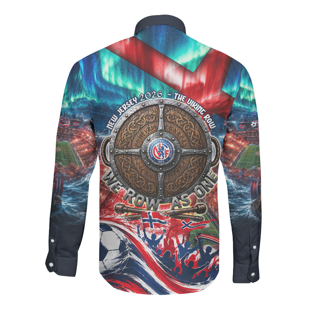 Norway Football Viking Row Long Sleeve Button Shirt Viking Shield Aurora Borealis Dynamic Art