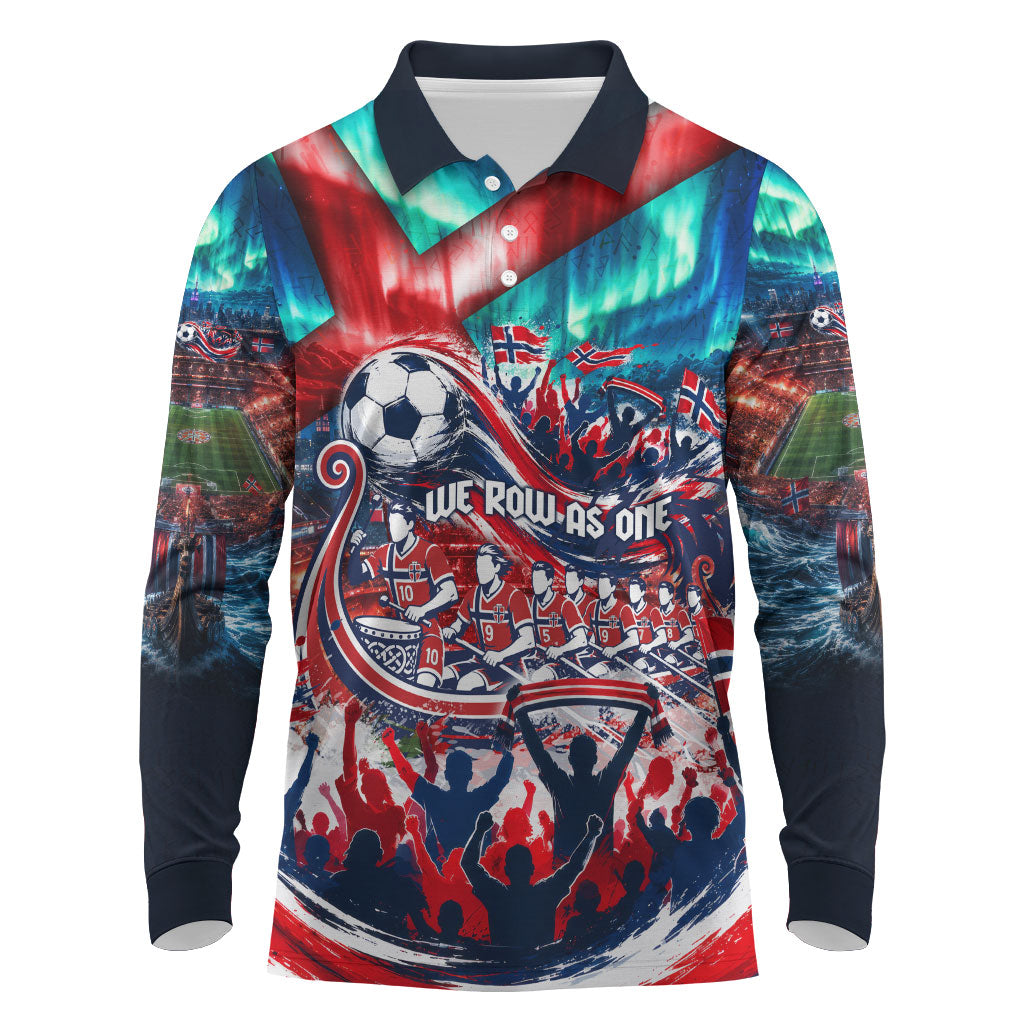 Norway Football Viking Row Long Sleeve Polo Shirt Viking Shield Aurora Borealis Dynamic Art