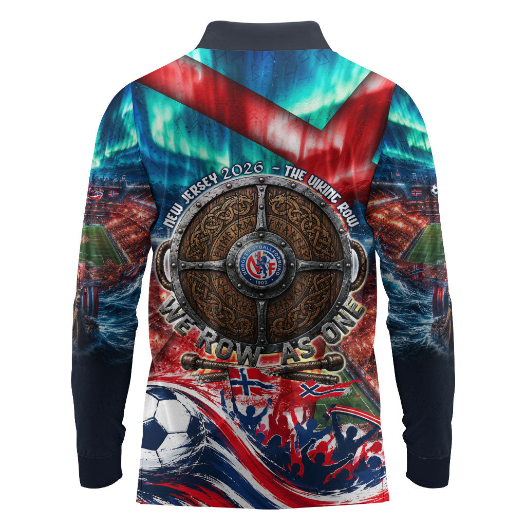 Norway Football Viking Row Long Sleeve Polo Shirt Viking Shield Aurora Borealis Dynamic Art
