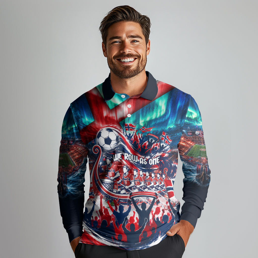 Norway Football Viking Row Long Sleeve Polo Shirt Viking Shield Aurora Borealis Dynamic Art