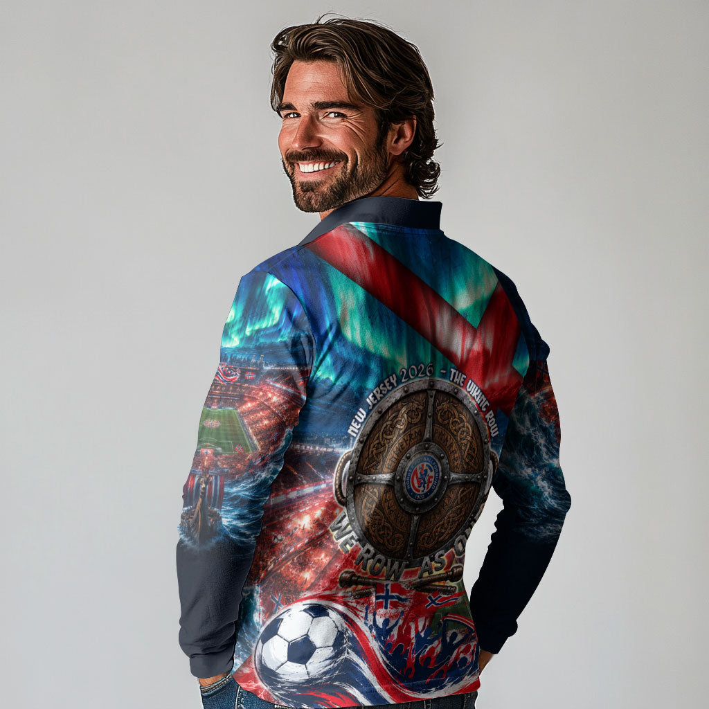 Norway Football Viking Row Long Sleeve Polo Shirt Viking Shield Aurora Borealis Dynamic Art