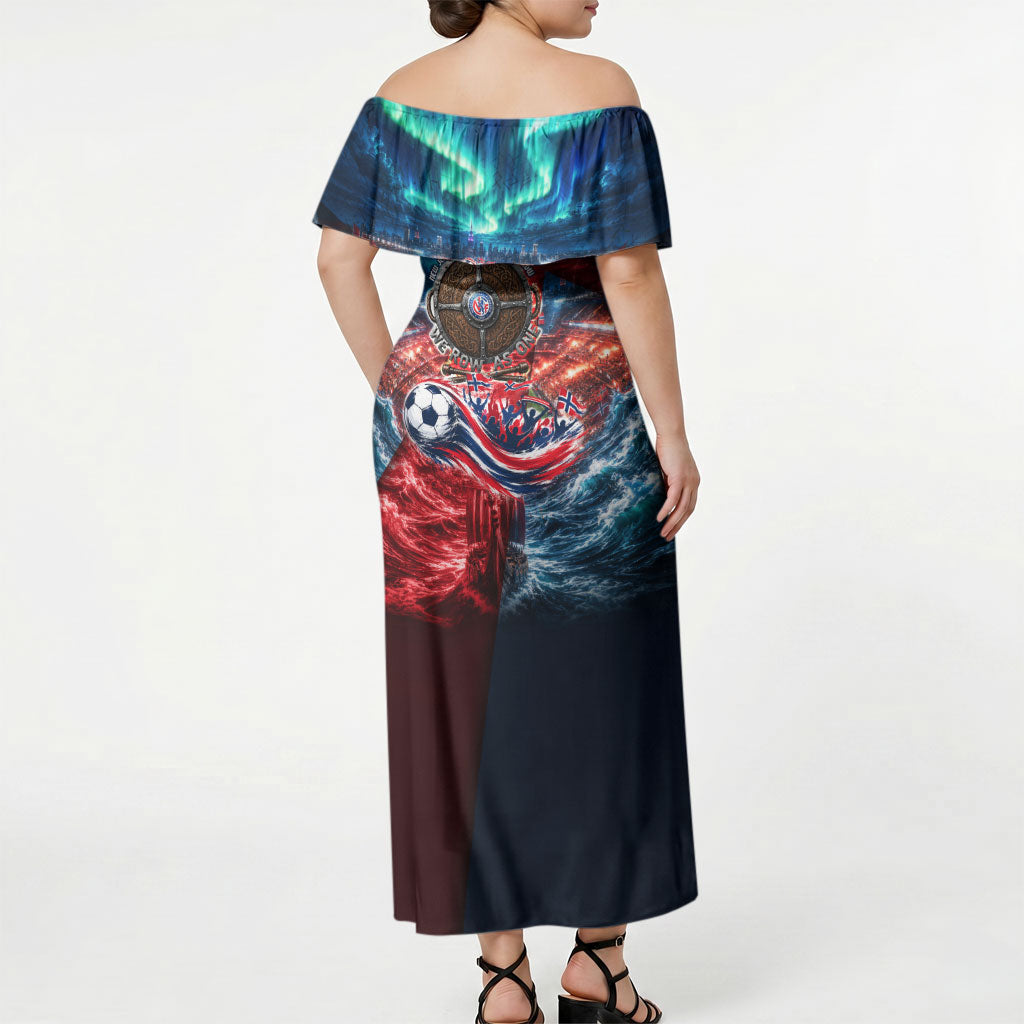 Norway Football Viking Row Off Shoulder Maxi Dress Viking Shield Aurora Borealis Dynamic Art