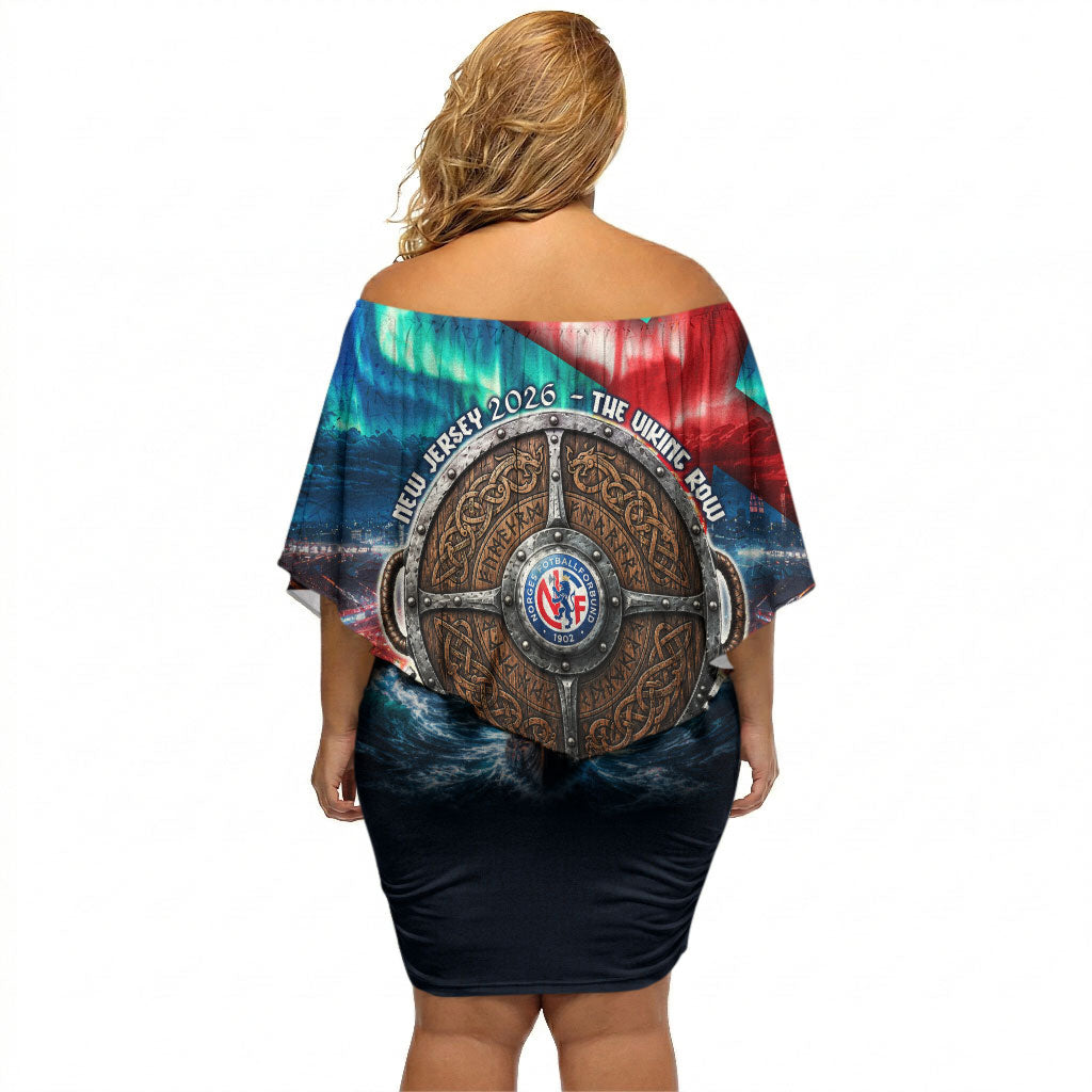 Norway Football Viking Row Off Shoulder Short Dress Viking Shield Aurora Borealis Dynamic Art