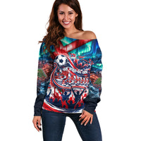 Norway Football Viking Row Off Shoulder Sweater Viking Shield Aurora Borealis Dynamic Art