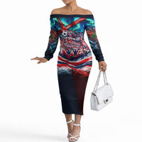 Norway Football Viking Row Off The Shoulder Long Sleeve Dress Viking Shield Aurora Borealis Dynamic Art