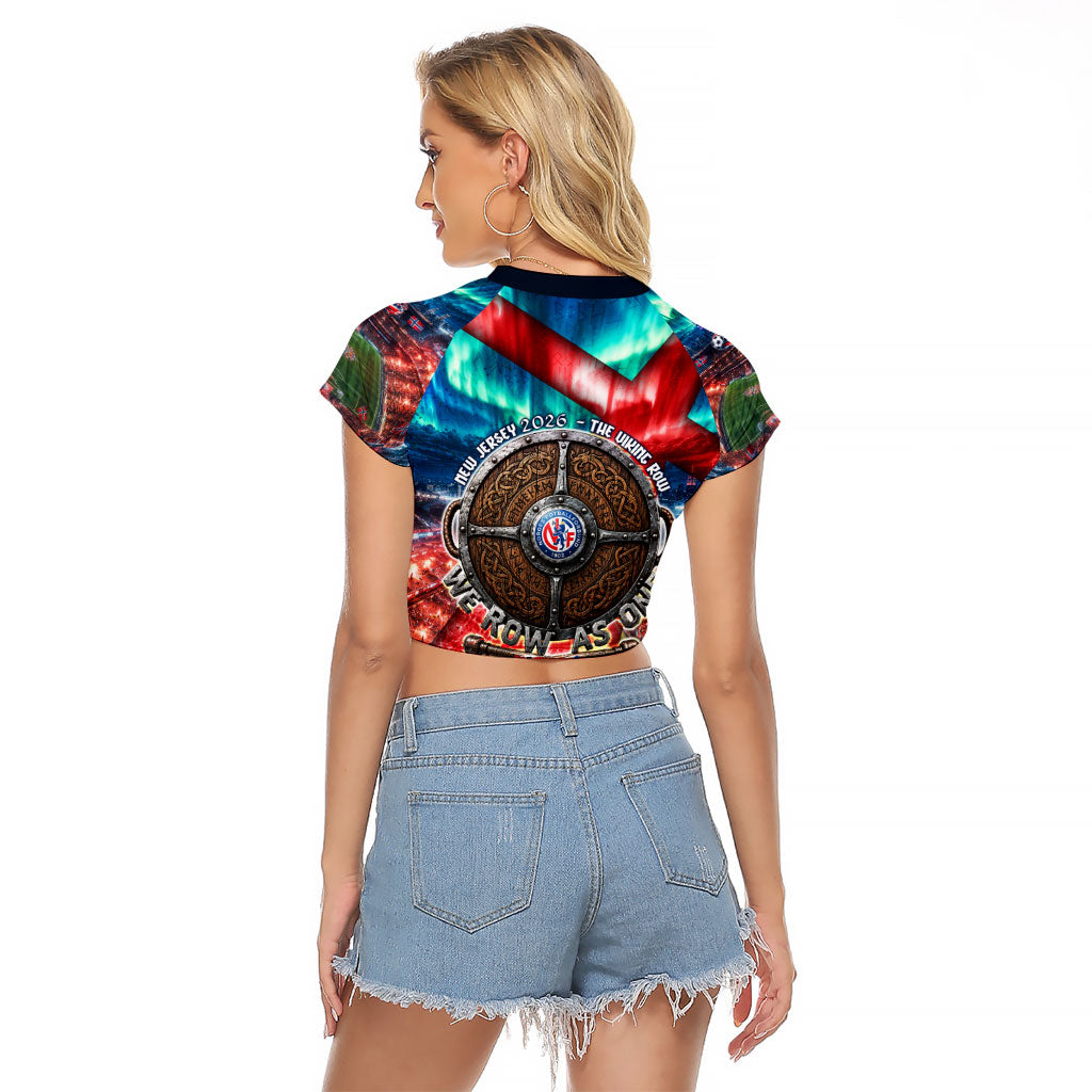 Norway Football Viking Row Raglan Cropped T Shirt Viking Shield Aurora Borealis Dynamic Art