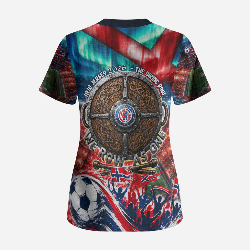 Norway Football Viking Row Scrub Top Viking Shield Aurora Borealis Dynamic Art