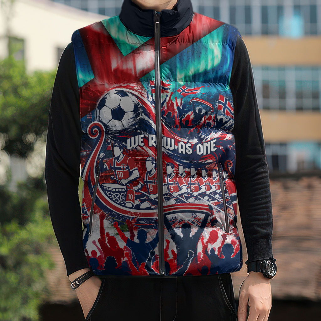 Norway Football Viking Row Sleeveless Puffer Jacket Viking Shield Aurora Borealis Dynamic Art