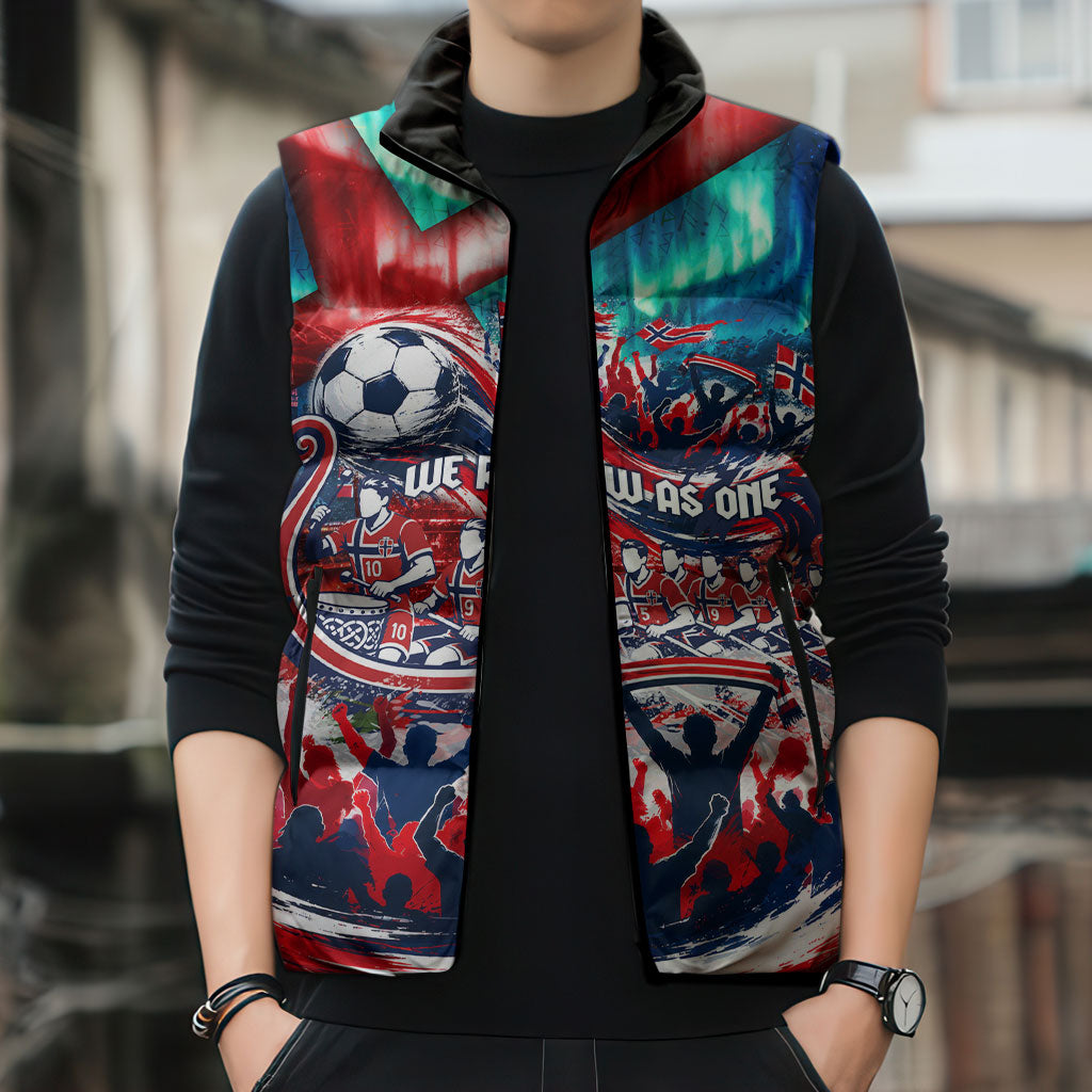 Norway Football Viking Row Sleeveless Puffer Jacket Viking Shield Aurora Borealis Dynamic Art
