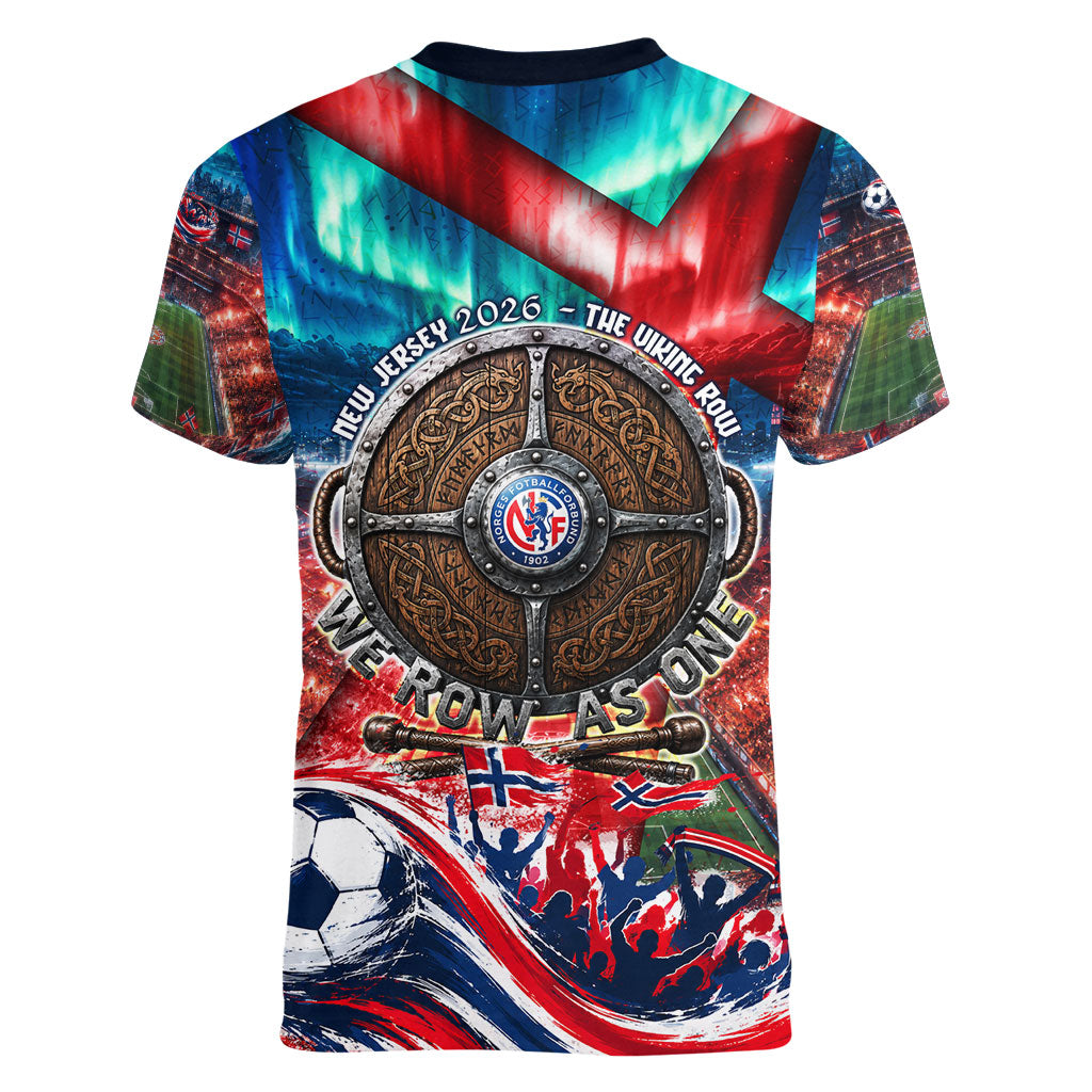 Norway Football Viking Row Women V-Neck T-Shirt Viking Shield Aurora Borealis Dynamic Art