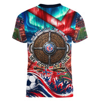Norway Football Viking Row Women V-Neck T-Shirt Viking Shield Aurora Borealis Dynamic Art