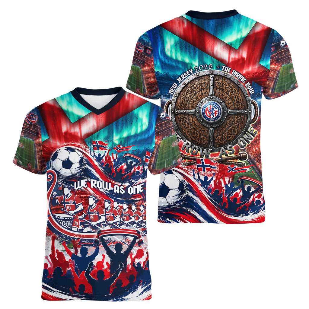 Norway Football Viking Row Women V-Neck T-Shirt Viking Shield Aurora Borealis Dynamic Art