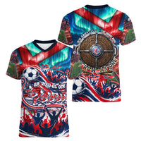 Norway Football Viking Row Women V-Neck T-Shirt Viking Shield Aurora Borealis Dynamic Art