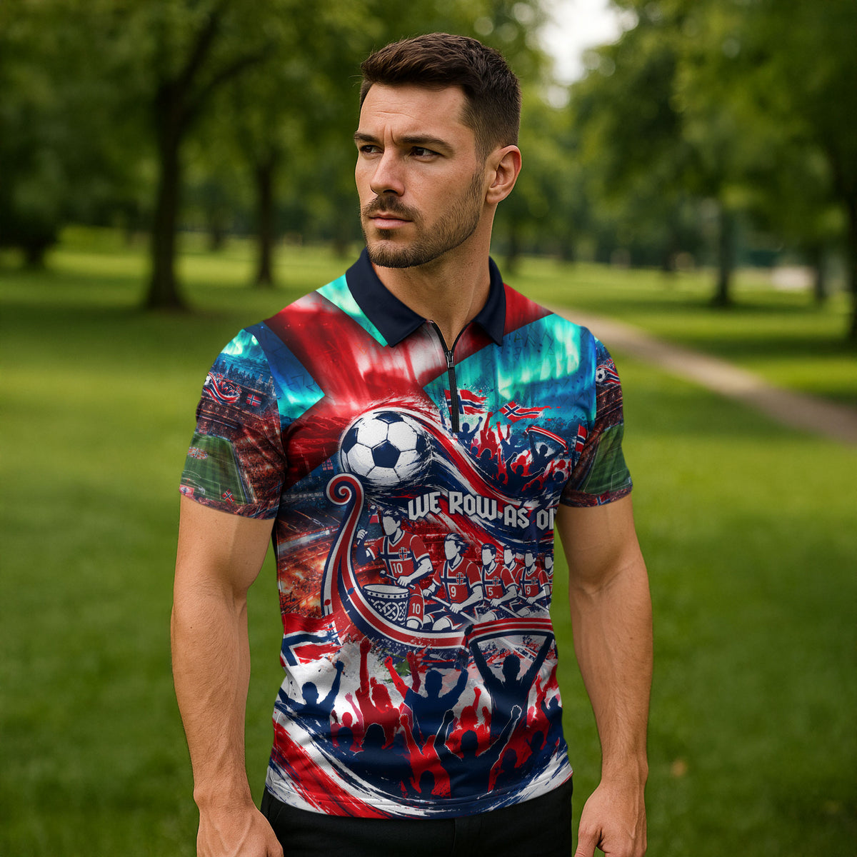 Norway Football Viking Row Zipper Polo Shirt Viking Shield Aurora Borealis Dynamic Art