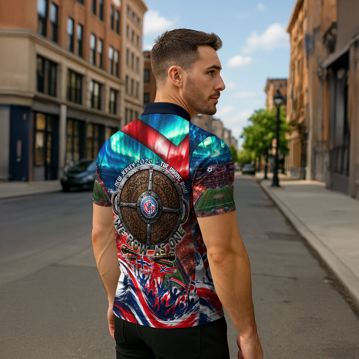 Norway Football Viking Row Zipper Polo Shirt Viking Shield Aurora Borealis Dynamic Art