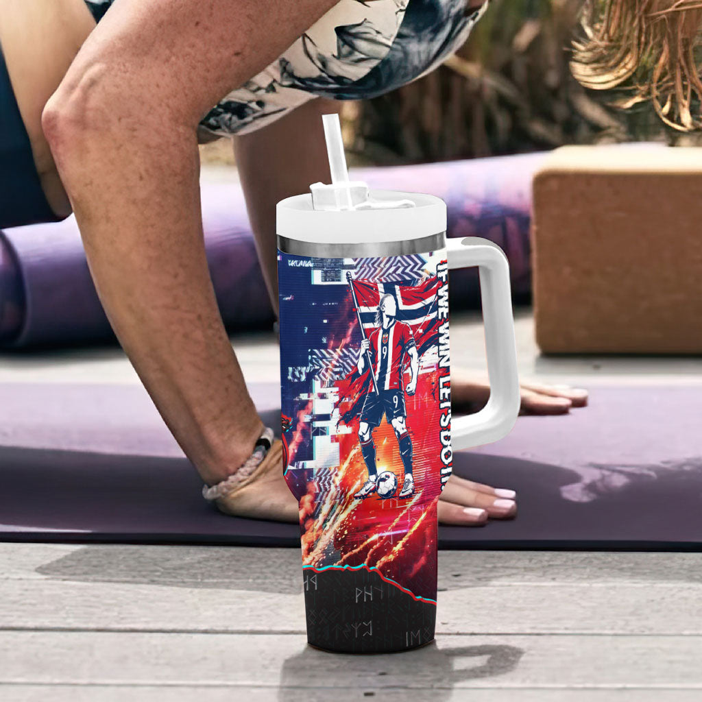 Norway Football Viking Row Tumbler With Handle Flag Nordic Footballer - If We Win Lets Do It