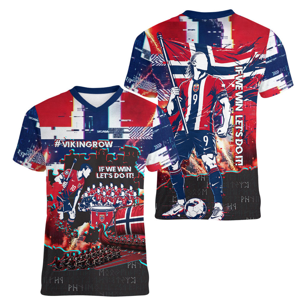 Norway Football Viking Row Women V-Neck T-Shirt Flag Nordic Footballer - If We Win Lets Do It