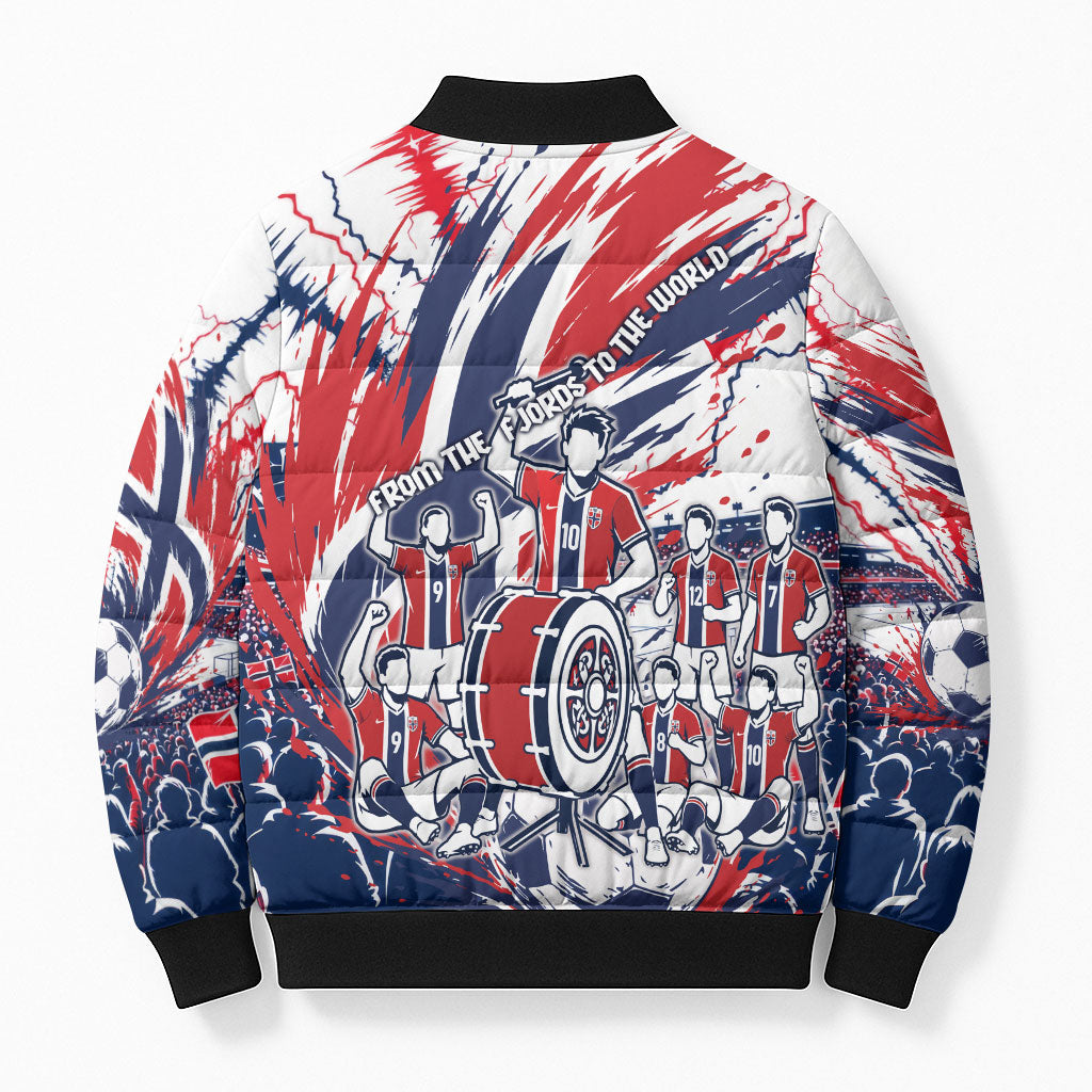 Norway Football From The Fjords To The World Bomber Puffer Jacket Viking Shield Paint Splatter Soccer Team