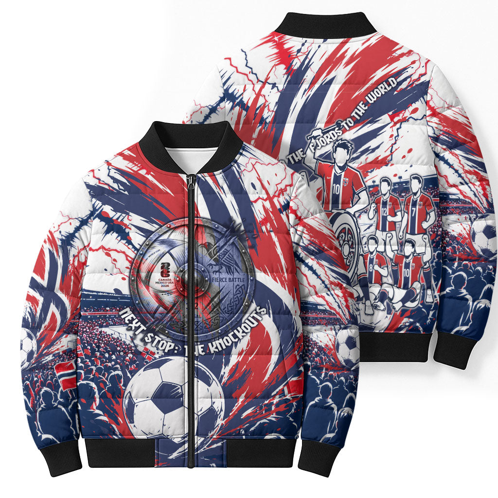 Norway Football From The Fjords To The World Bomber Puffer Jacket Viking Shield Paint Splatter Soccer Team