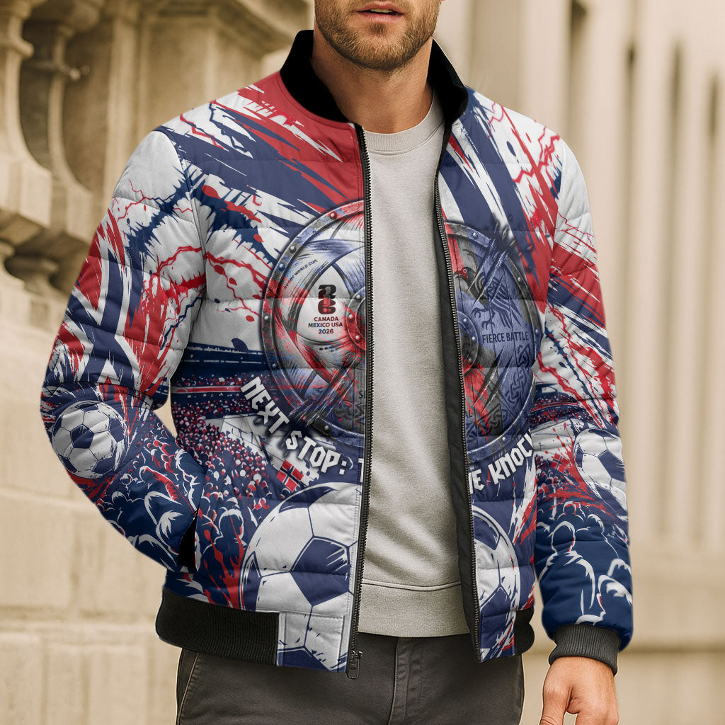 Norway Football From The Fjords To The World Bomber Puffer Jacket Viking Shield Paint Splatter Soccer Team