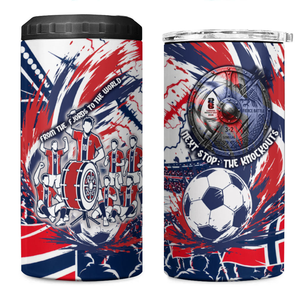 Norway Football From The Fjords To The World 4 in 1 Can Cooler Tumbler Viking Shield Paint Splatter Soccer Team