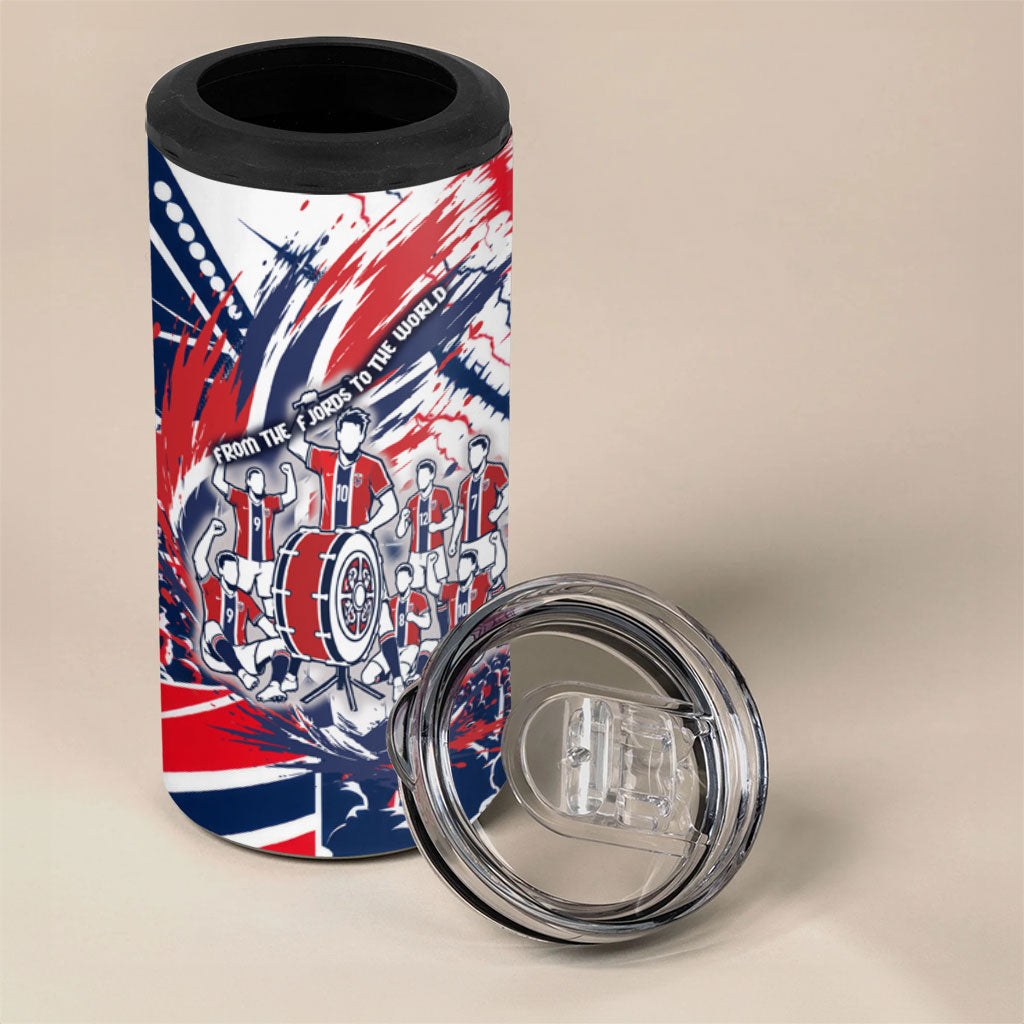 Norway Football From The Fjords To The World 4 in 1 Can Cooler Tumbler Viking Shield Paint Splatter Soccer Team