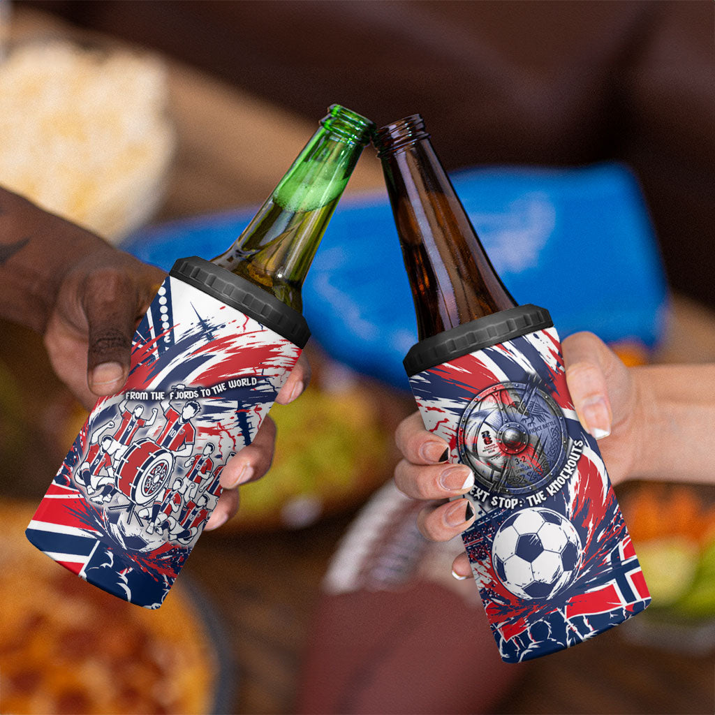 Norway Football From The Fjords To The World 4 in 1 Can Cooler Tumbler Viking Shield Paint Splatter Soccer Team