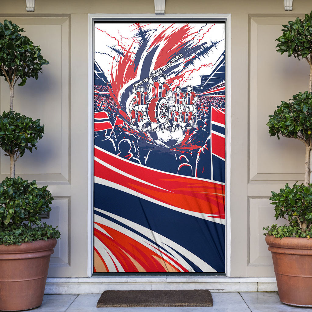 Norway Football From The Fjords To The World Door Cover Viking Shield Paint Splatter Soccer Team