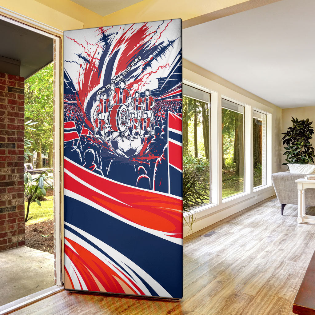 Norway Football From The Fjords To The World Door Cover Viking Shield Paint Splatter Soccer Team