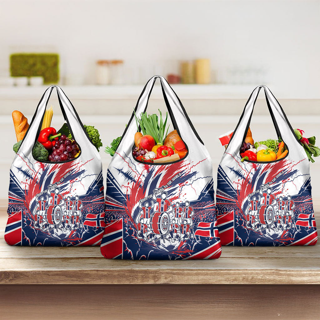 Norway Football From The Fjords To The World Grocery Bag Viking Shield Paint Splatter Soccer Team