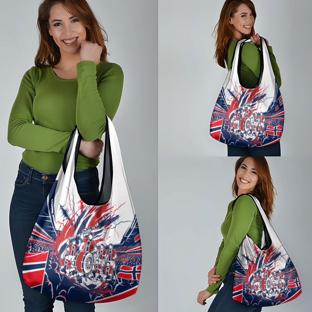 Norway Football From The Fjords To The World Grocery Bag Viking Shield Paint Splatter Soccer Team