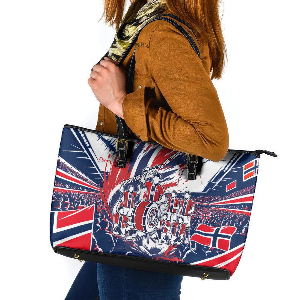 Norway Football From The Fjords To The World Leather Tote Bag Viking Shield Paint Splatter Soccer Team