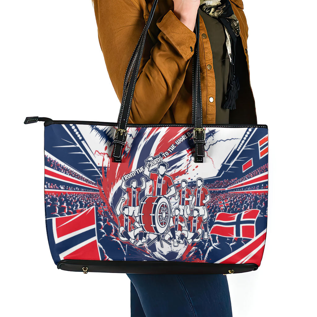 Norway Football From The Fjords To The World Leather Tote Bag Viking Shield Paint Splatter Soccer Team