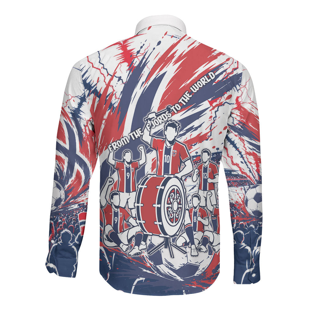 Norway Football From The Fjords To The World Long Sleeve Button Shirt Viking Shield Paint Splatter Soccer Team
