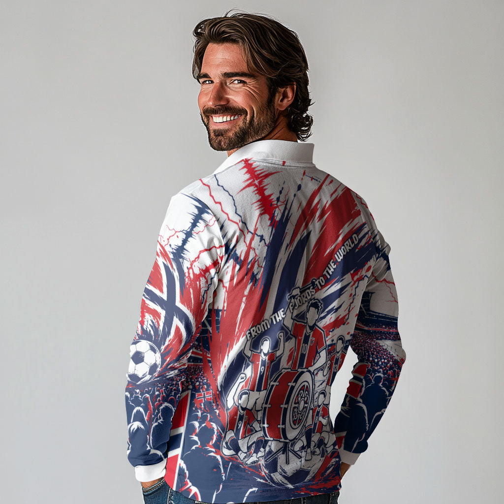 Norway Football From The Fjords To The World Long Sleeve Polo Shirt Viking Shield Paint Splatter Soccer Team