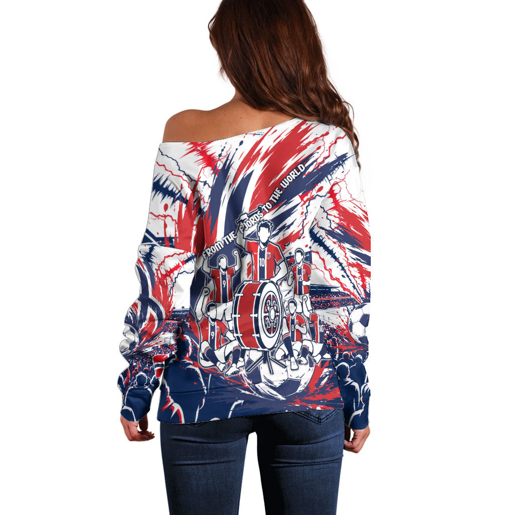 Norway Football From The Fjords To The World Off Shoulder Sweater Viking Shield Paint Splatter Soccer Team