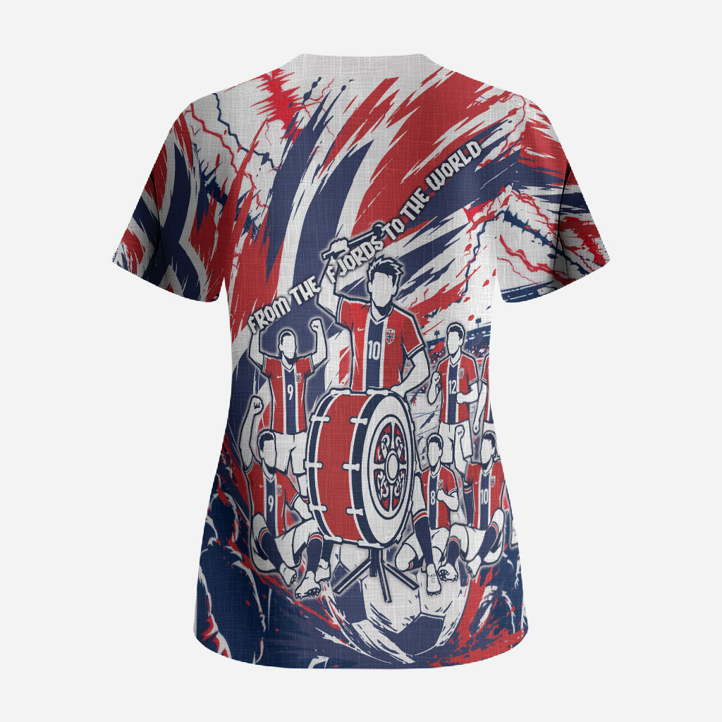 Norway Football From The Fjords To The World Scrub Top Viking Shield Paint Splatter Soccer Team