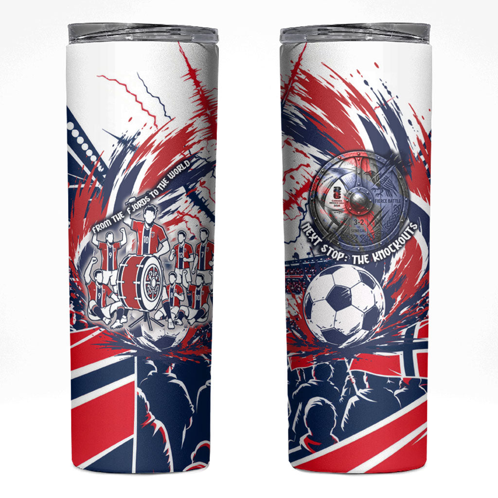 Norway Football From The Fjords To The World Skinny Tumbler Viking Shield Paint Splatter Soccer Team