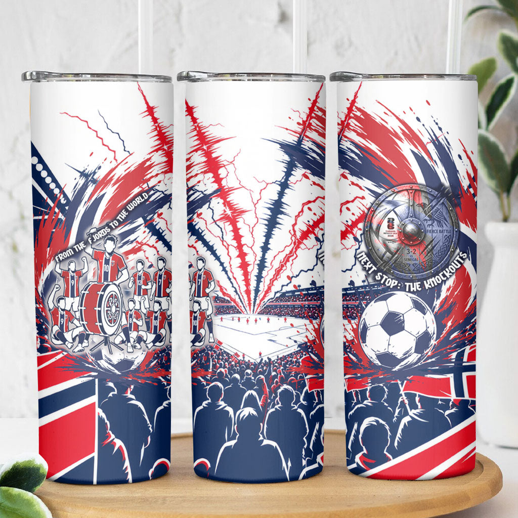 Norway Football From The Fjords To The World Skinny Tumbler Viking Shield Paint Splatter Soccer Team