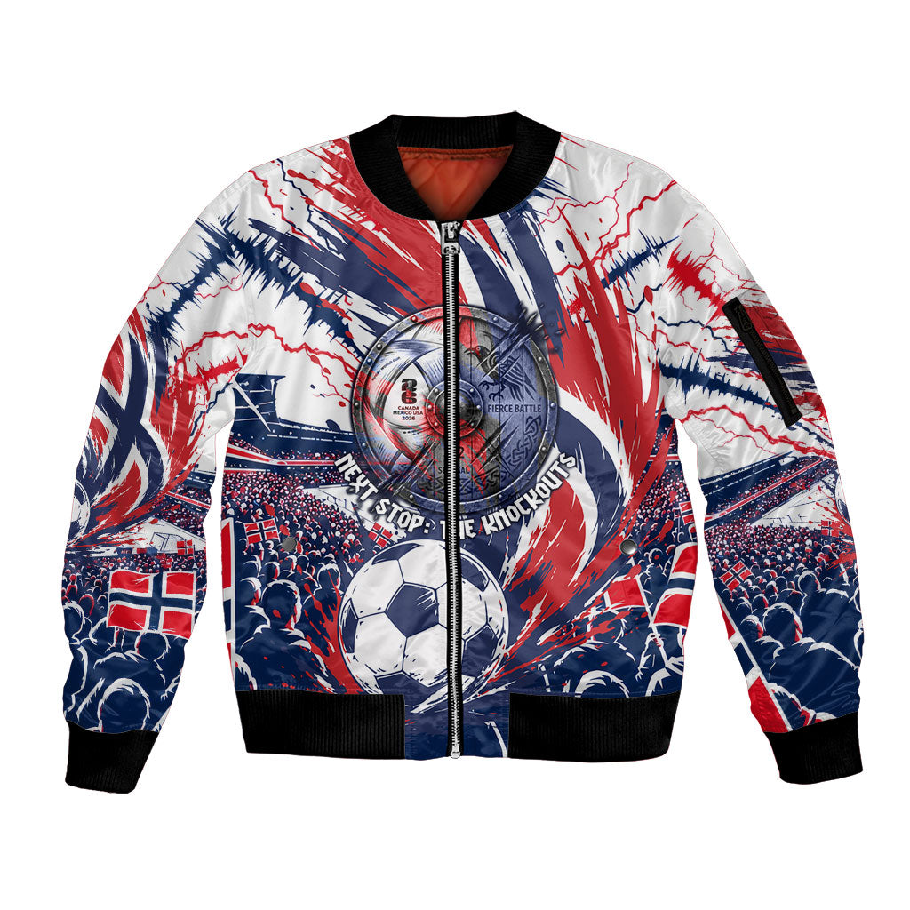 Norway Football From The Fjords To The World Sleeve Zip Bomber Jacket Viking Shield Paint Splatter Soccer Team
