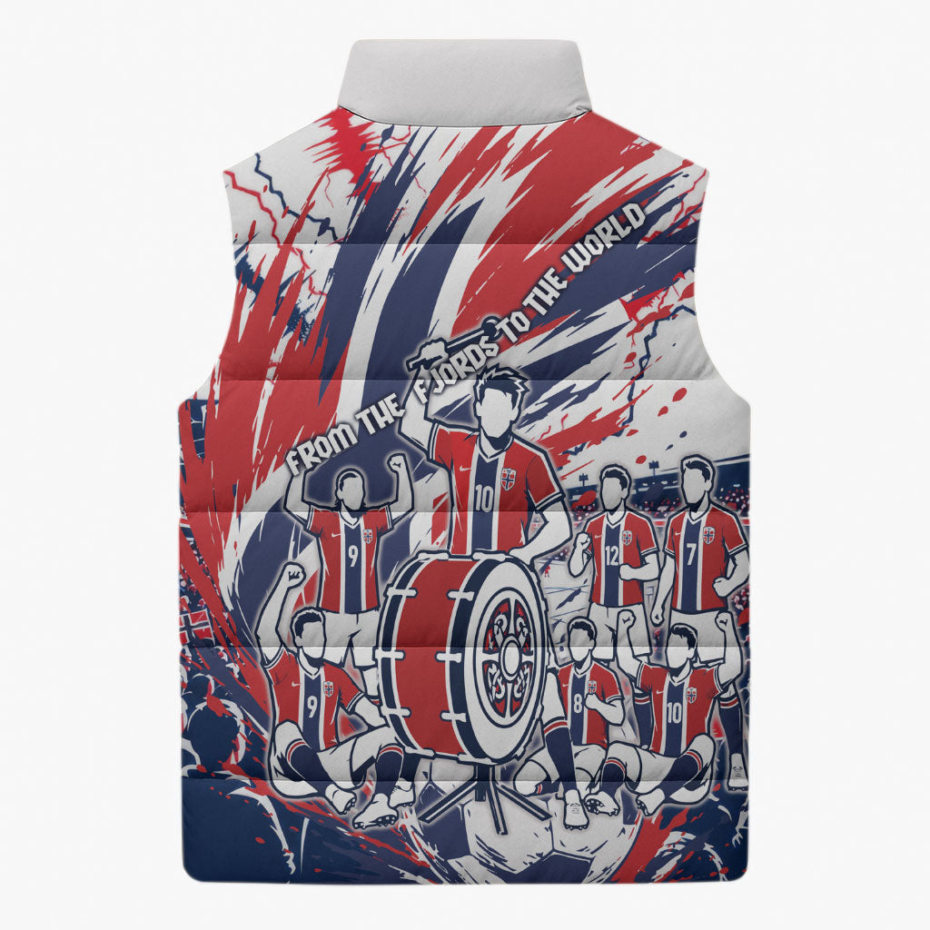 Norway Football From The Fjords To The World Sleeveless Puffer Jacket Viking Shield Paint Splatter Soccer Team