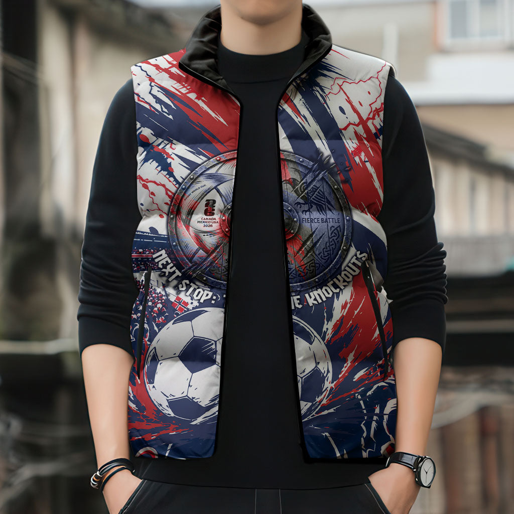 Norway Football From The Fjords To The World Sleeveless Puffer Jacket Viking Shield Paint Splatter Soccer Team